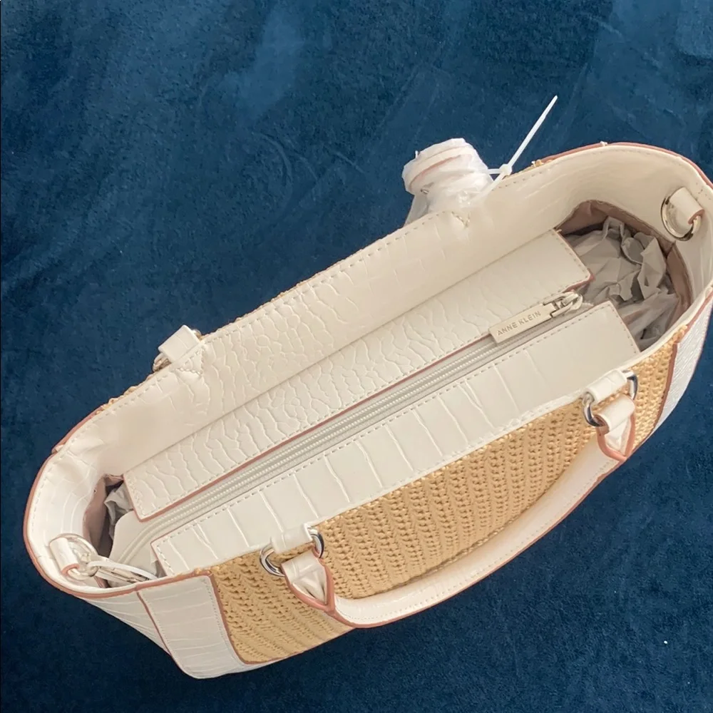 Anne Klein White and Tan Satchel with Chic Tassel with shoulder strap.